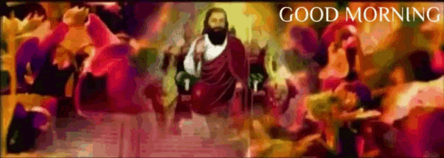 a painting of jesus with the words good morning written on it