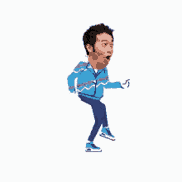a cartoon of a man in a blue jacket and blue pants dancing