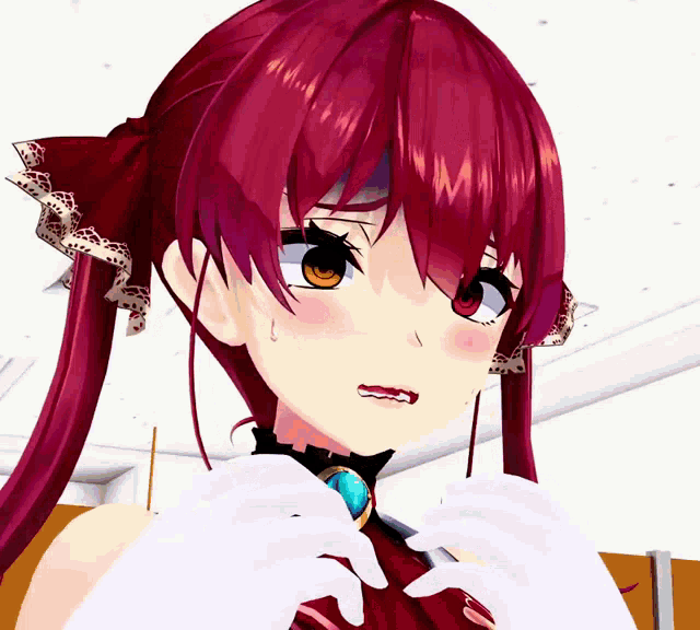 a close up of a red haired anime character with white gloves on