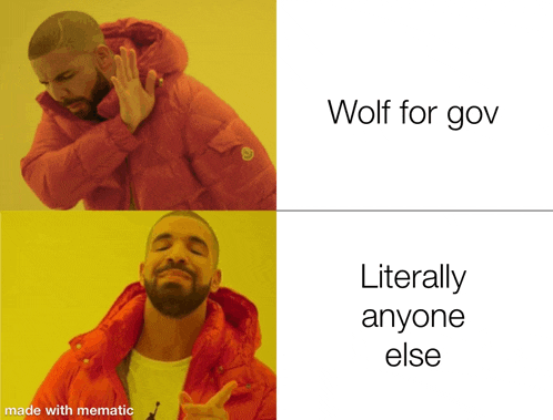 a picture of a man in a red jacket with the caption wolf for gov literally anyone else made with mematic