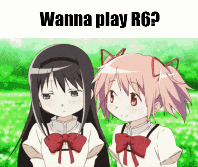 two anime girls standing next to each other with the words " wanna play r6 ? "