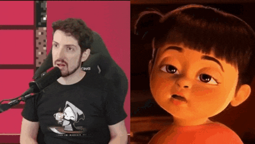 a man talking into a microphone next to a cartoon character