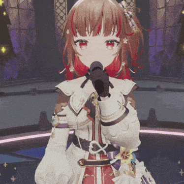 a girl with red hair is holding a microphone in her hand