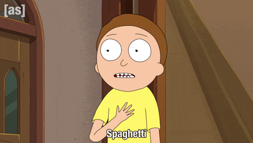 a cartoon character says spaghetti in front of a doorway