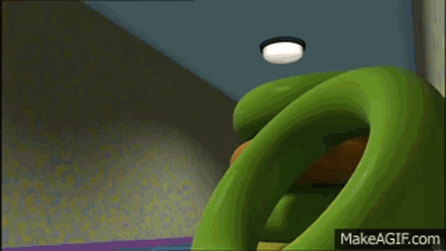 a cartoon character is standing in a room with a chair