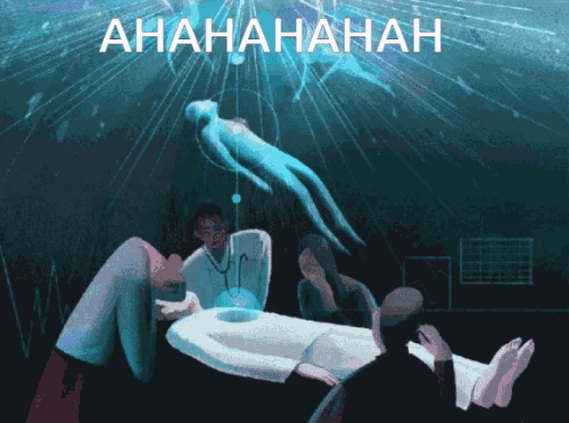 an illustration of a man laying in a hospital bed with the words ahahahahah written above him