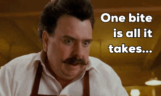 a man with a mustache has the words one bite is all it takes