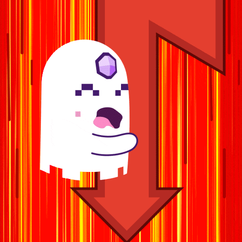 a white ghost with a purple diamond on its head is standing next to a red arrow