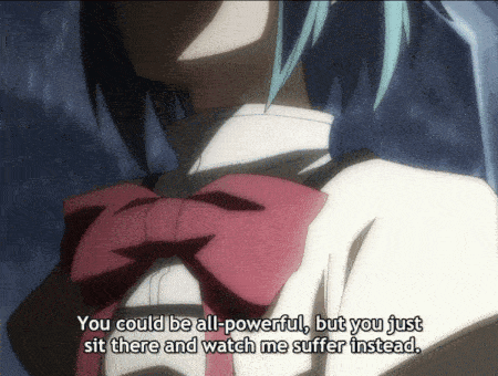 a girl in a bow tie says you could be all powerful but you just sit there and watch me suffer instead