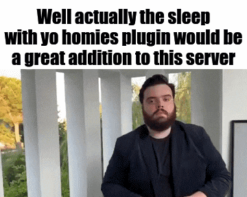 a man with a beard is standing in front of a white railing and a sign that says well actually the sleep