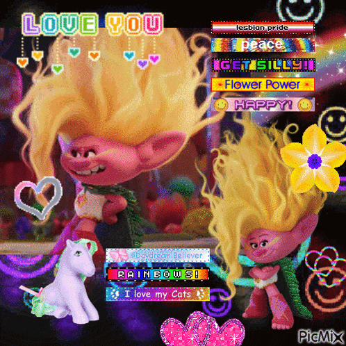 a picture of two trolls with the words love you on the top