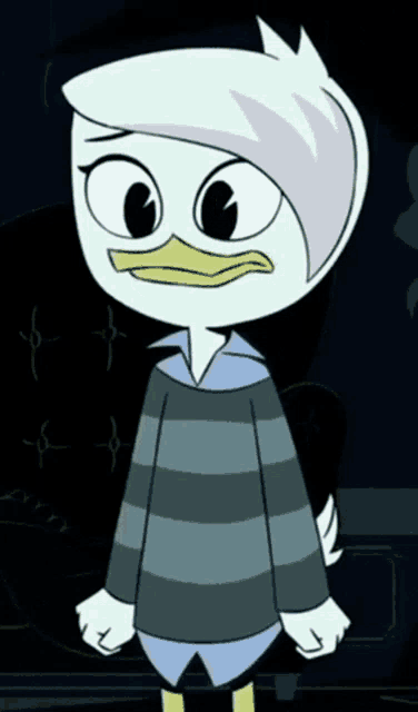 a cartoon duck is wearing a striped shirt and standing in a dark room .