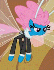 a cartoon pony with pink hair and blue legs is flying in the air