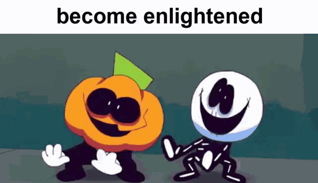 a cartoon of pumpkins and a skeleton with the words become enlightened above them