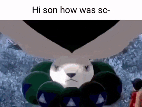 a cartoon bear is sitting on top of a pile of green balls with the caption hi son how was sc