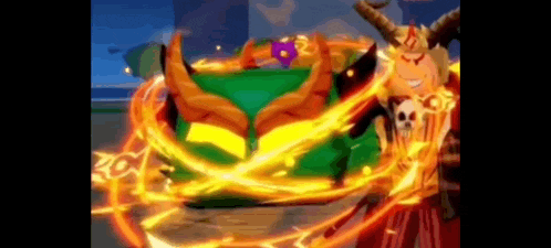 a cartoon character with horns is standing in front of a green car surrounded by fire .
