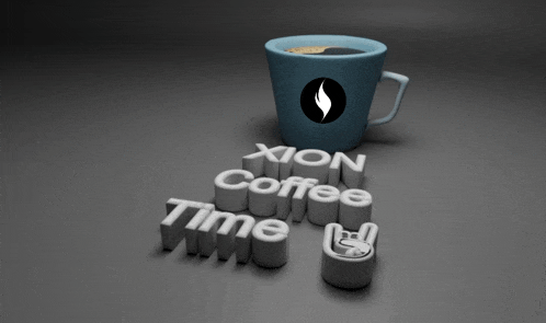 a cup of xion coffee sits next to a sign that says coffee time
