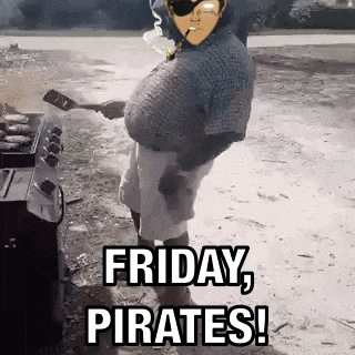a man in a pirate costume is cooking on a grill and says friday pirates