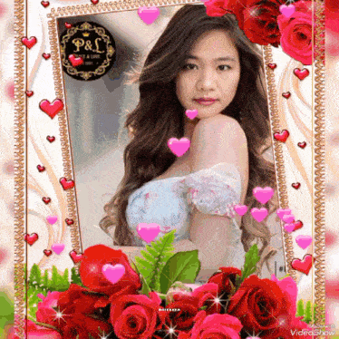 a woman in a white dress is surrounded by red roses and hearts in a photo frame