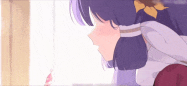 a girl with purple hair is looking out of a window .