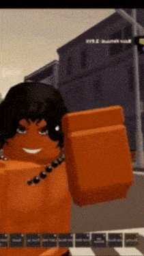 a cartoon character is standing in front of a building with a blurred background and a few letters on it