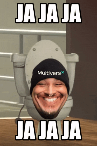 a man wearing a black hat with the word multivers on it sits on a toilet