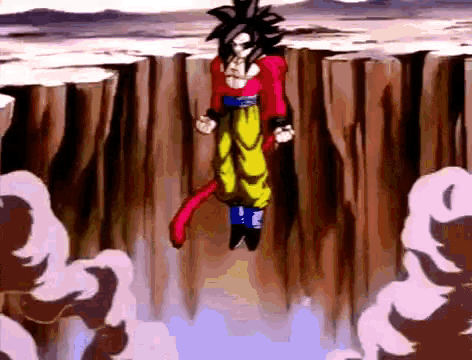 a cartoon character in a red shirt and yellow pants is flying through the air