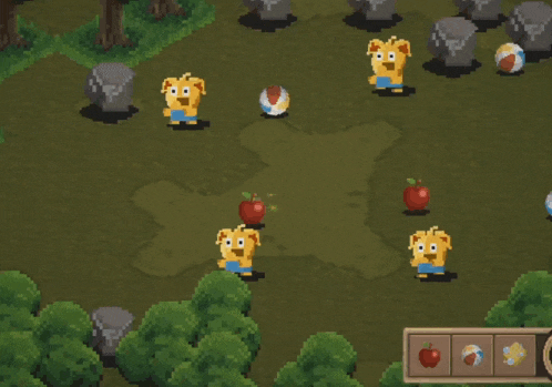 a video game with a bunch of cartoon characters and a few apples
