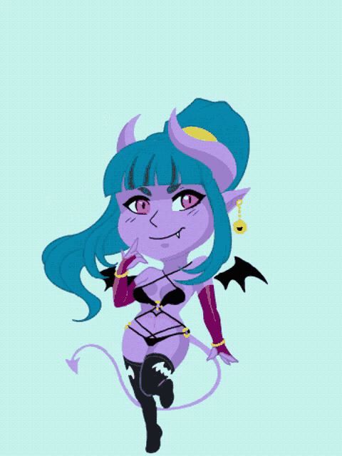 a cartoon drawing of a purple devil with blue hair