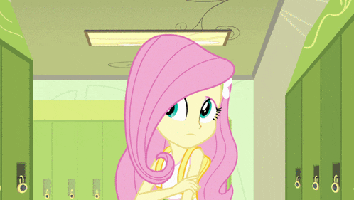 a cartoon of a girl with pink hair and blue eyes