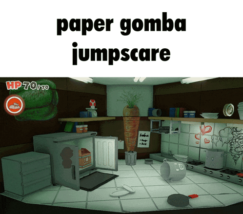 a picture of a kitchen with the words paper gomba jumpscare on top
