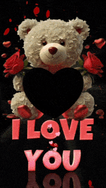 a teddy bear is holding a black heart with the words i love you behind it