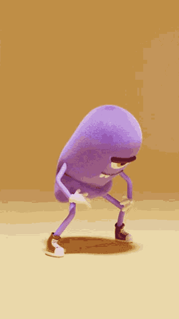 a purple cartoon character is standing on a yellow background