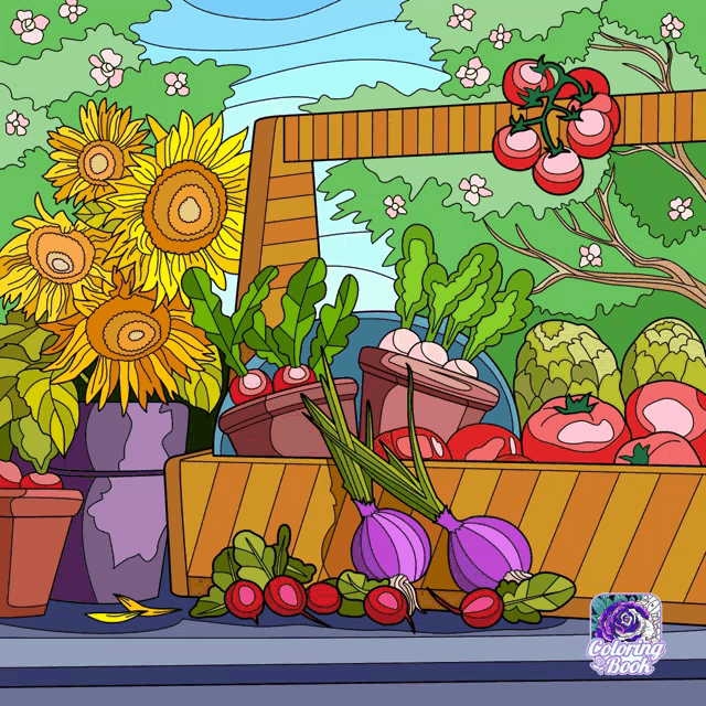 a coloring book with a basket of vegetables