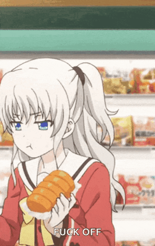 a girl is holding a loaf of bread and the word fuck off is above her