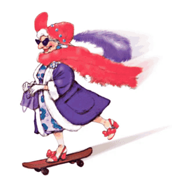 a cartoon drawing of an elderly woman riding a skateboard