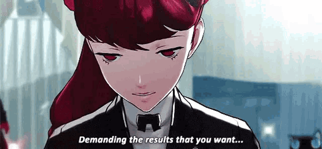 a girl in a tuxedo is talking about demanding the results that you want