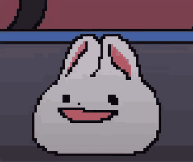 a pixel art drawing of a white bunny with a smile on its face