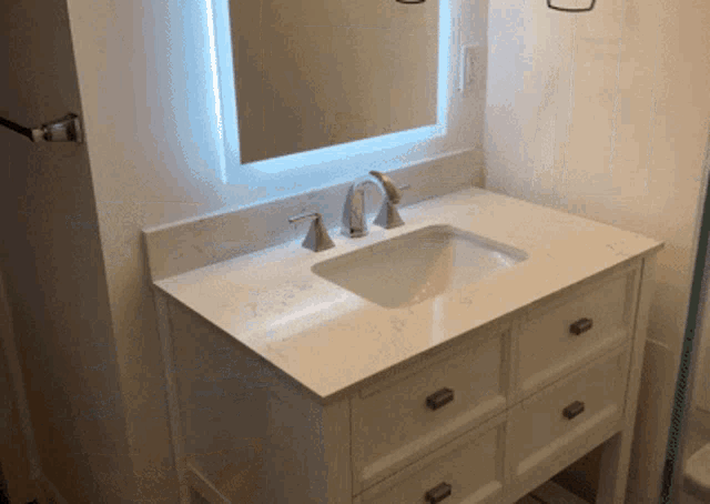 a bathroom vanity with a sink and a mirror above it