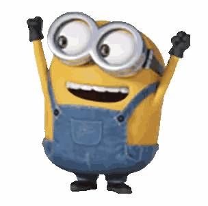 a minion wearing overalls and goggles is raising his arms in the air .