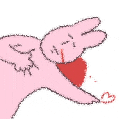 a pink rabbit with wings is laying down with a red heart in its mouth .