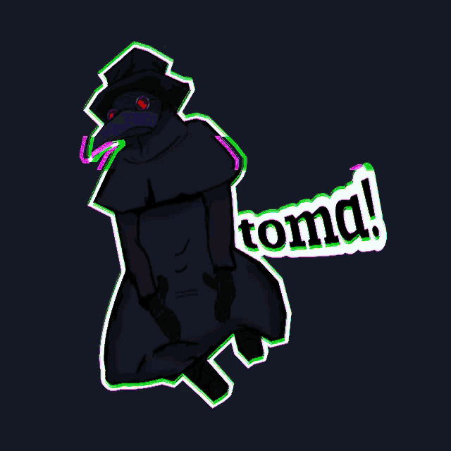 a drawing of a plague doctor with the word toma written below him