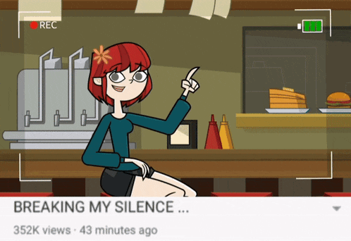 a cartoon of a girl sitting at a counter with the words " breaking my silence " below her