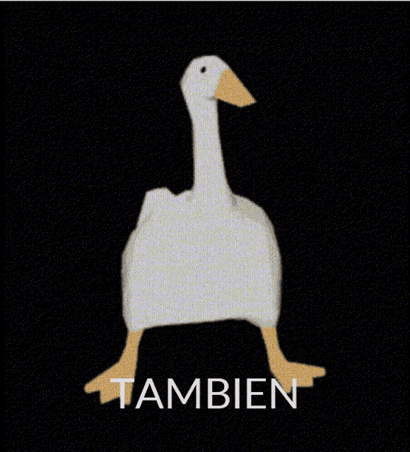 a white duck is walking on a black background with the word tambien written below it .