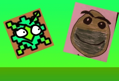 a drawing of a green square and a drawing of a brown object with a face on it .