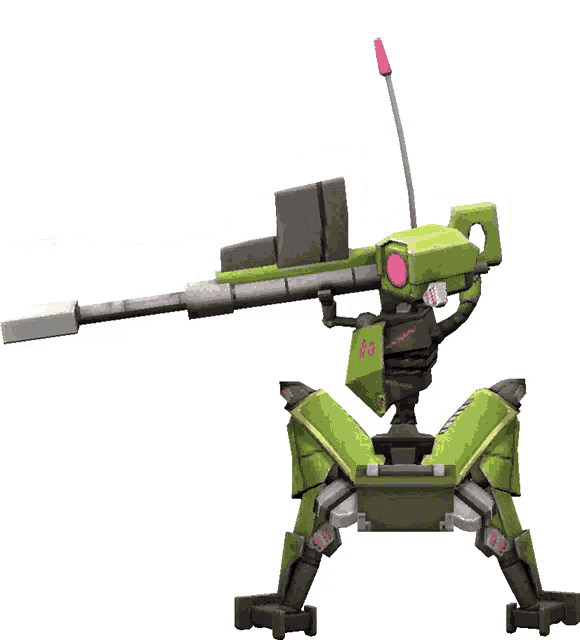 a green robot with a pink eye is holding a large weapon