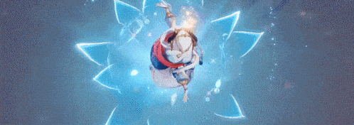 a person is flying through a blue circle with a lotus flower in the background .