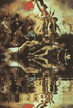 a painting of a woman holding a red flag is reflected in a body of water