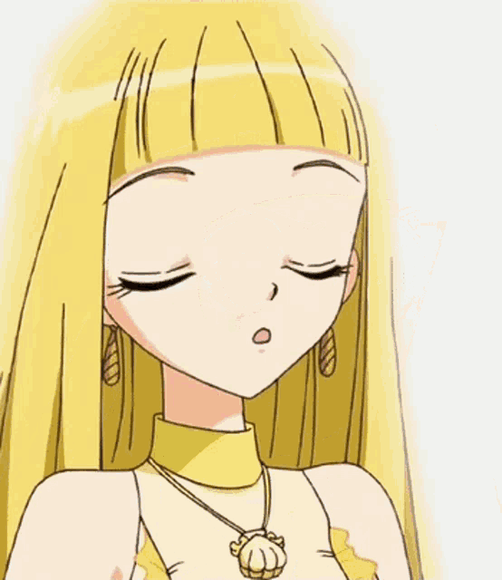 a close up of a girl with yellow hair and a surprised look on her face