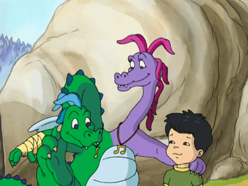 a boy stands next to a purple and green dragon